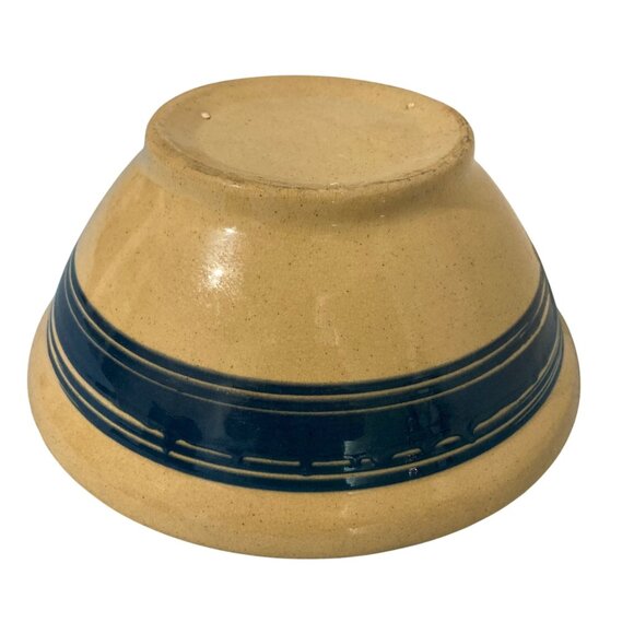 Antique Vintage Yellow Ware Bowl With 5 Blue Striped Bands - Picture 3 of 10